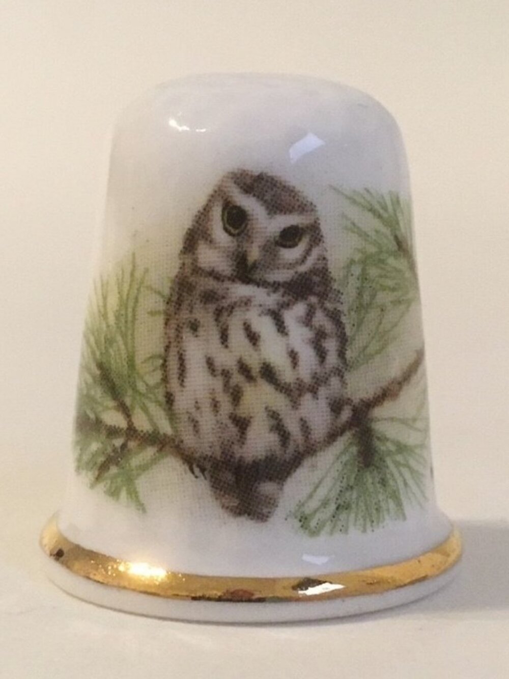Owl Thimble Oakley Fine Bone China England Vintage Bird Gold Trim White Brown